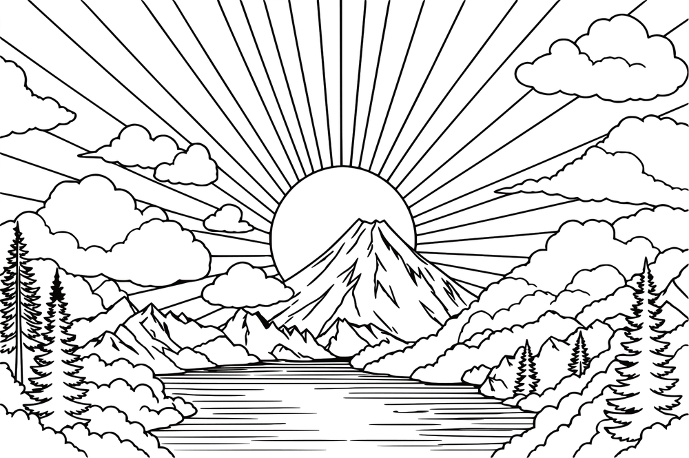 Mountain Sunrise coloring page